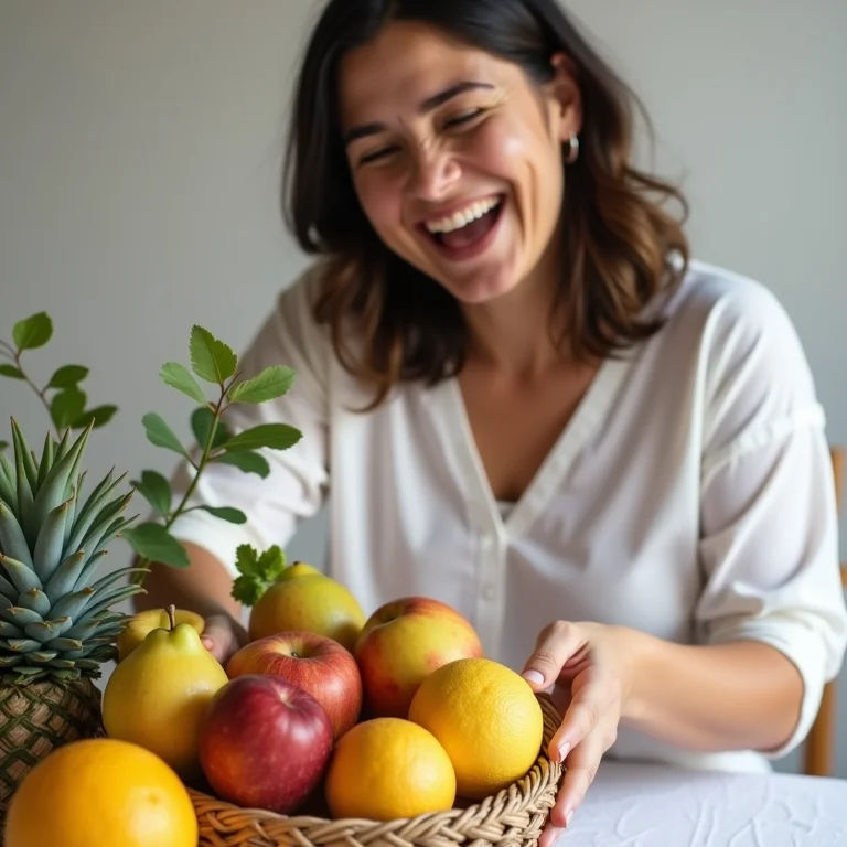 Mulher plus size usando cesto de palha como centro de mesa.