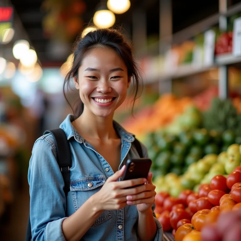 Mulher plus size usando NFC no celular em mercado