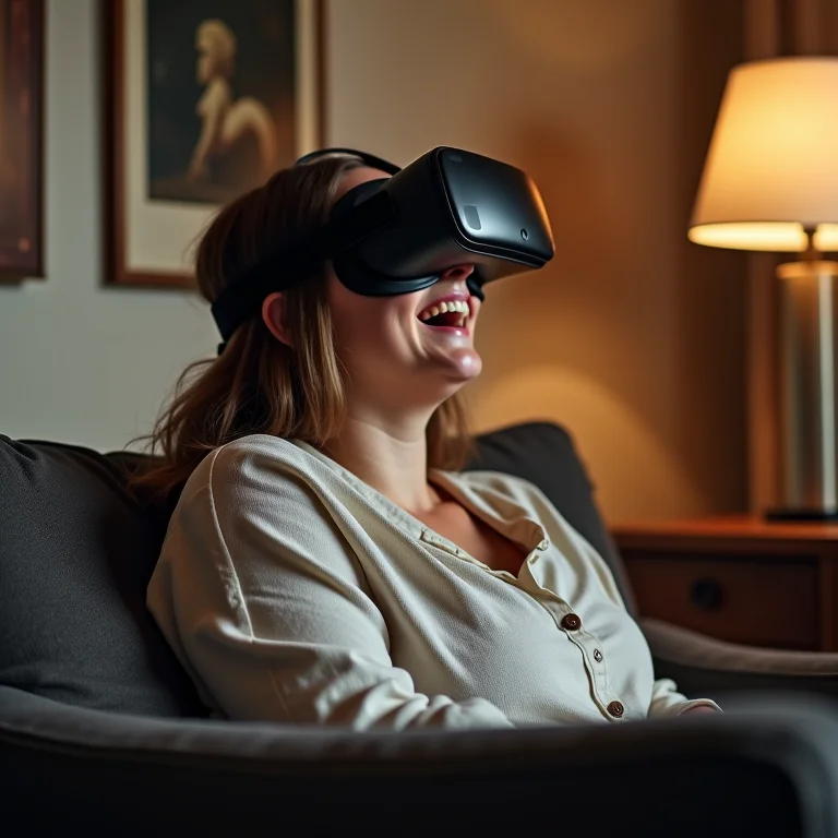 Mulher Plus Size usando óculos de realidade virtual em casa