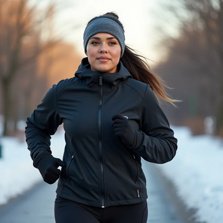 Mulher plus size usando uma faixa de cabelo térmica durante uma corrida no frio.