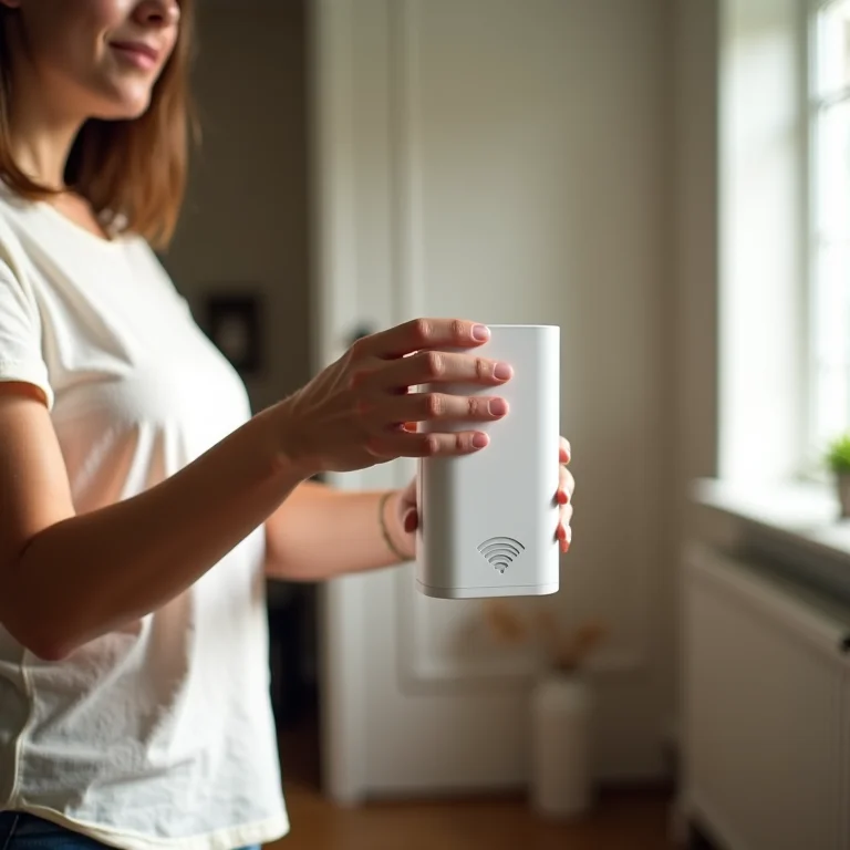 Mulher posicionando repetidor Wi-Fi corretamente