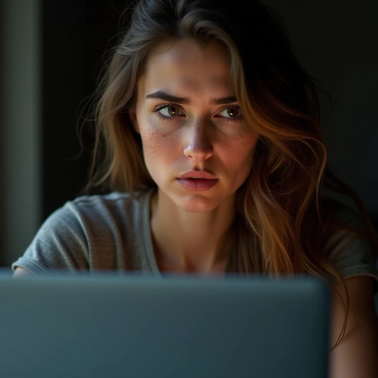 Mulher preocupada com aviso de site não seguro no laptop