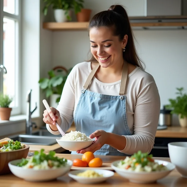 Mulher preparando pratos com arroz