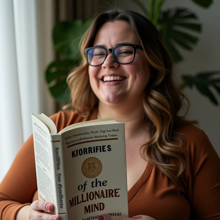 Mulher rindo segurando o livro 'Os Segredos da Mente Milionária'