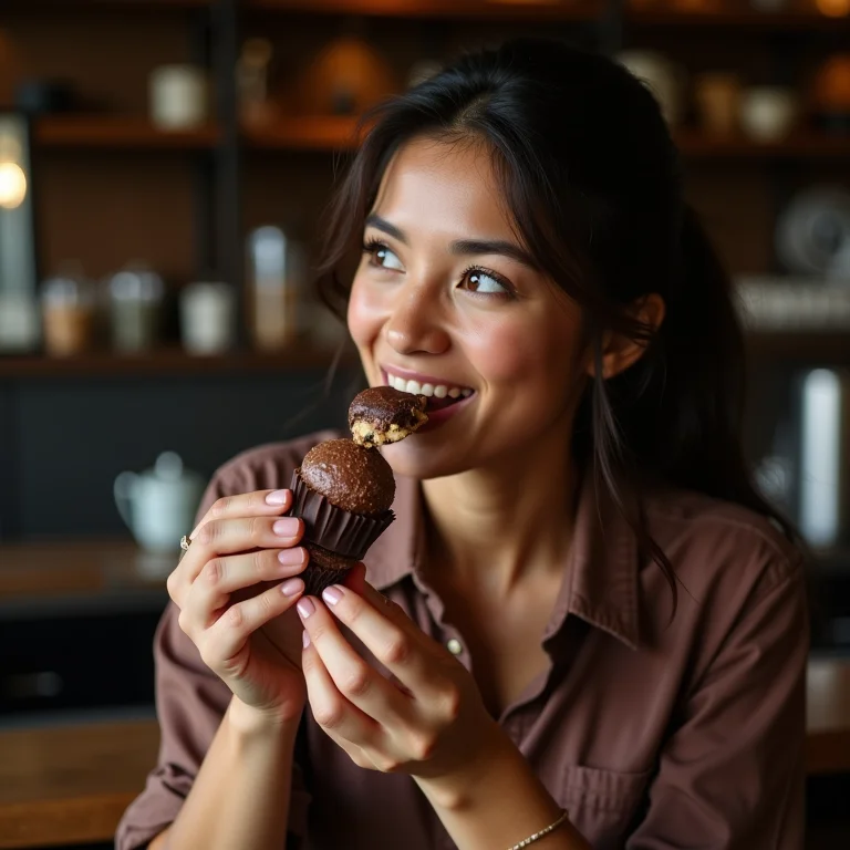 Mulher saboreando chocolates em Gramado