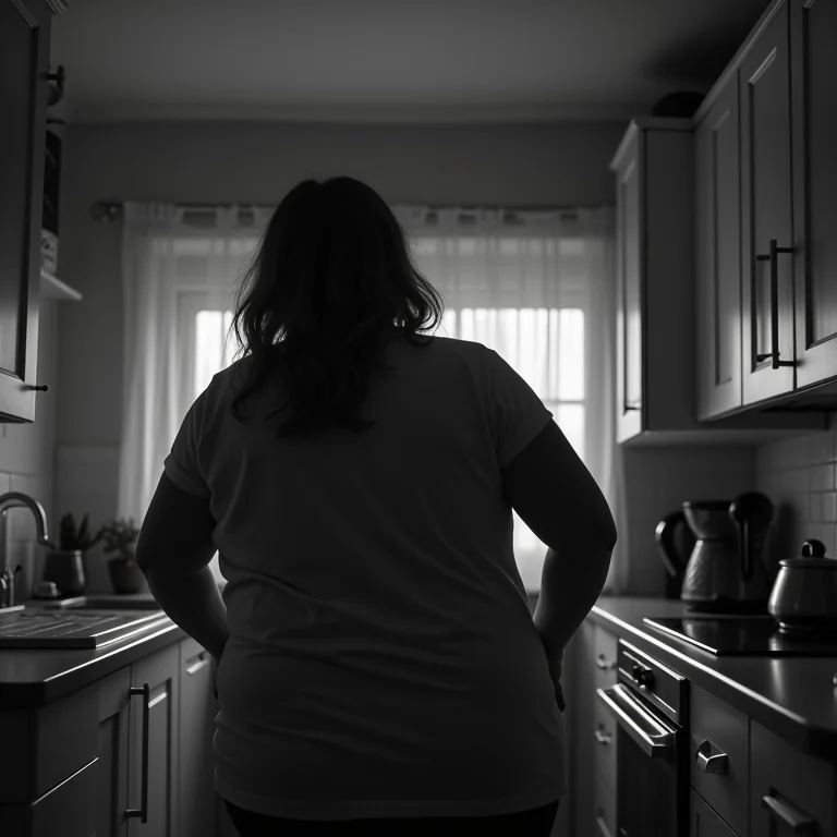Mulher se sentindo claustrofóbica em cozinha pequena