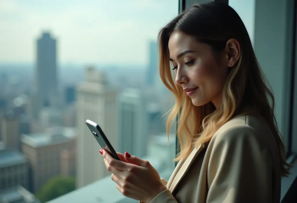 Mulher segurando celular com roaming de dados ativado