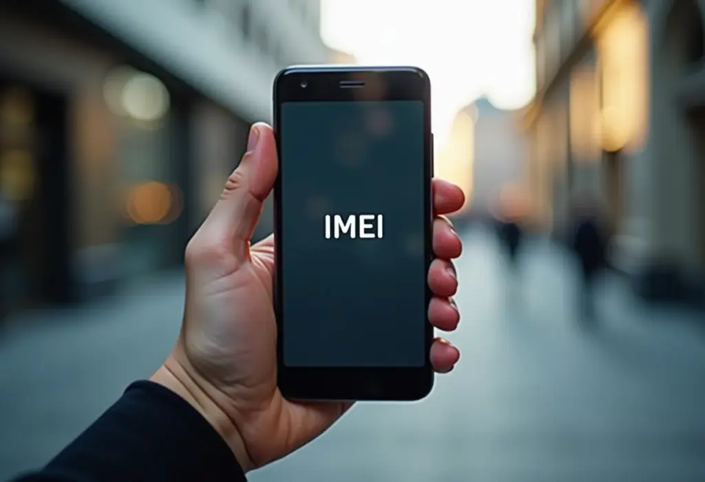 Mulher segurando celular mostrando o IMEI na tela.
