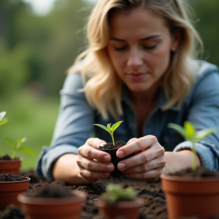 Mulher semeando sementes em pequenos vasos.
