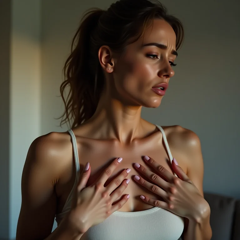 Mulher sentindo desconforto após beber algo