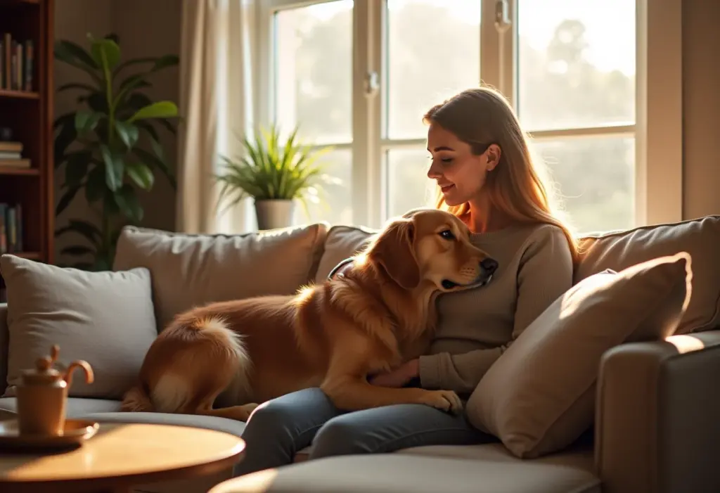 Mulher sorrindo acariciando cachorro em sala de estar ensolarada.