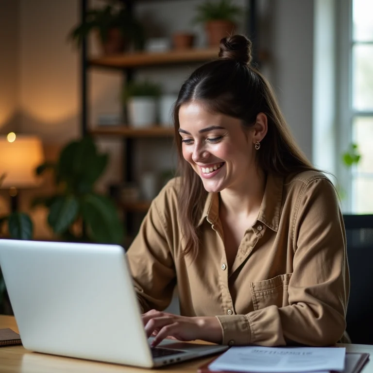 Mulher sorrindo ao verificar contas a receber.