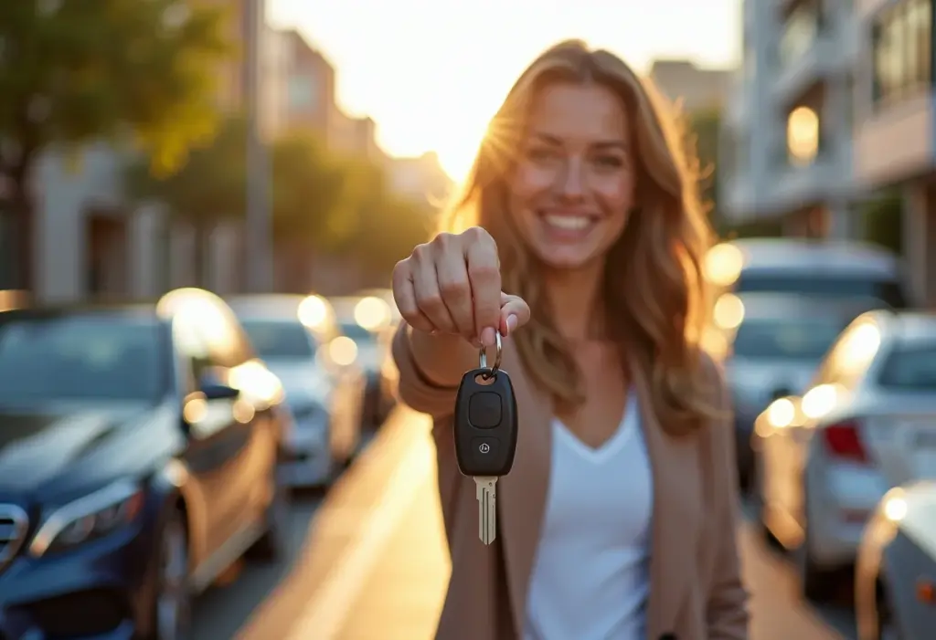 Mulher sorrindo com chaves de carro acessível