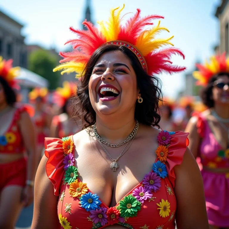 Mulher sorrindo durante desfile de Carnaval organizado por sociedade carnavalesca