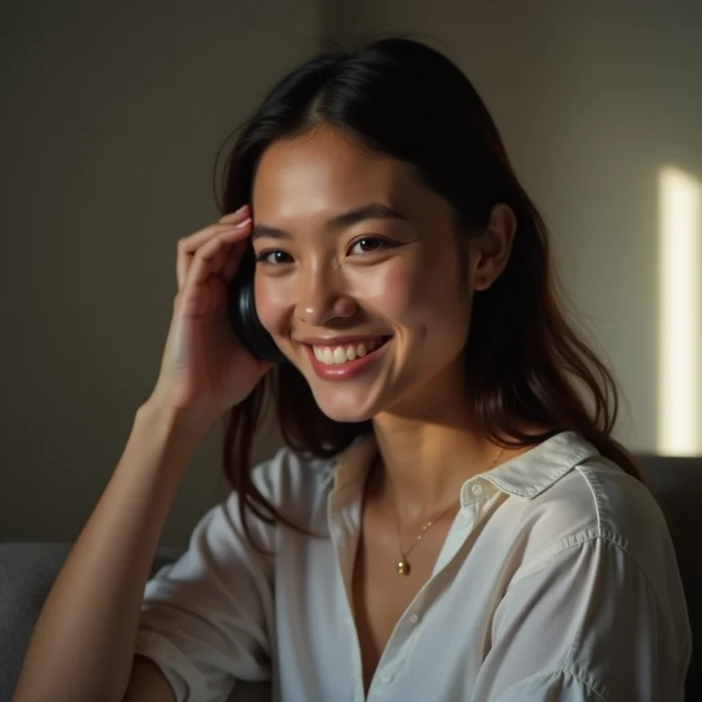 Mulher sorrindo e ouvindo em entrevista online