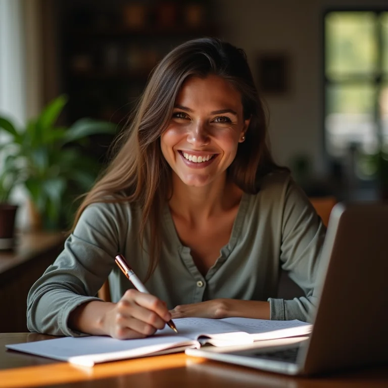 Mulher sorrindo enquanto anota em um bloco de notas em um escritório em casa.