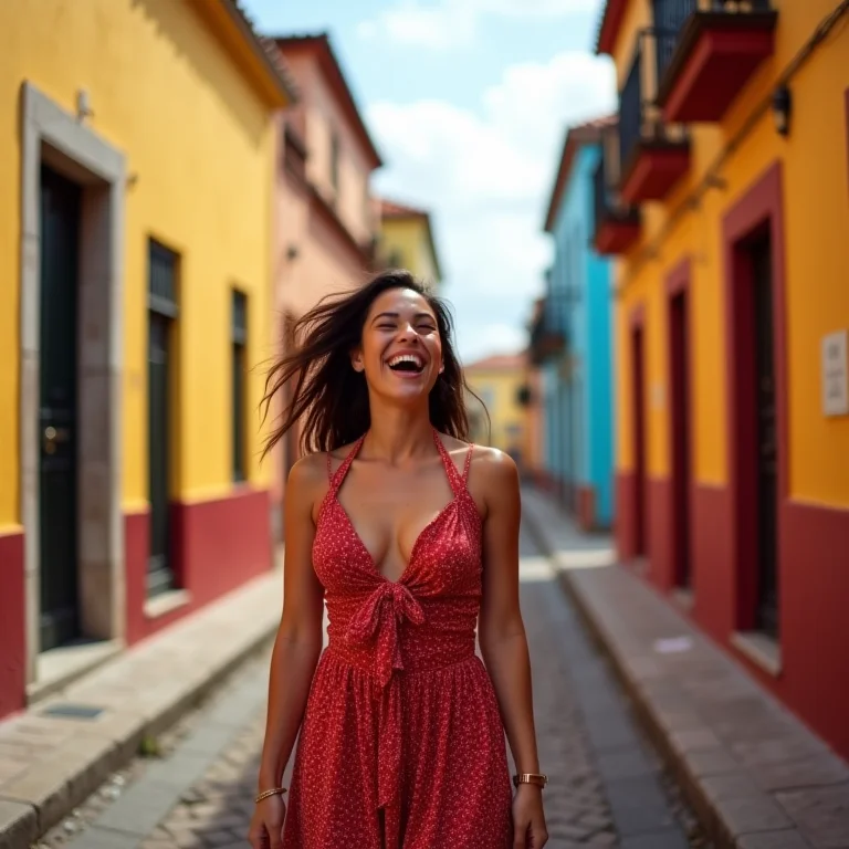 Mulher sorrindo enquanto caminha pela cidade amuralhada de Cartagena.
