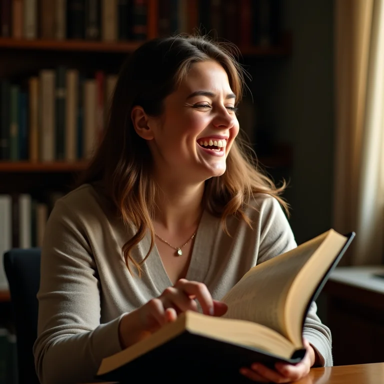 Mulher sorrindo enquanto lê um livro de curiosidades históricas em uma biblioteca ensolarada.