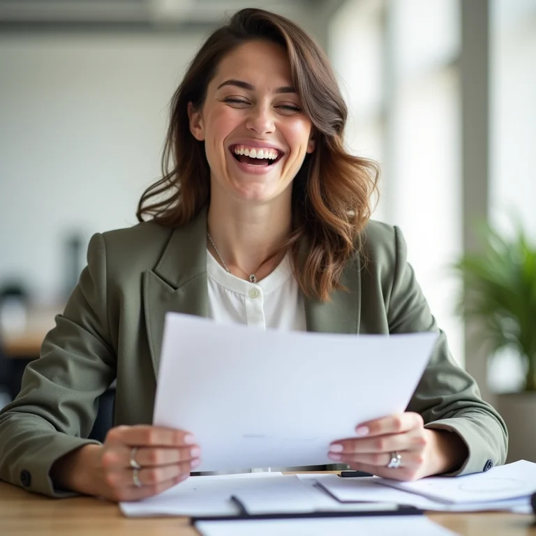 Mulher sorrindo revisando documentos de negócio