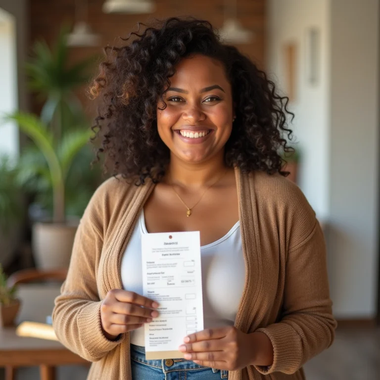 Mulher sorrindo segurando a nota fiscal do celular.
