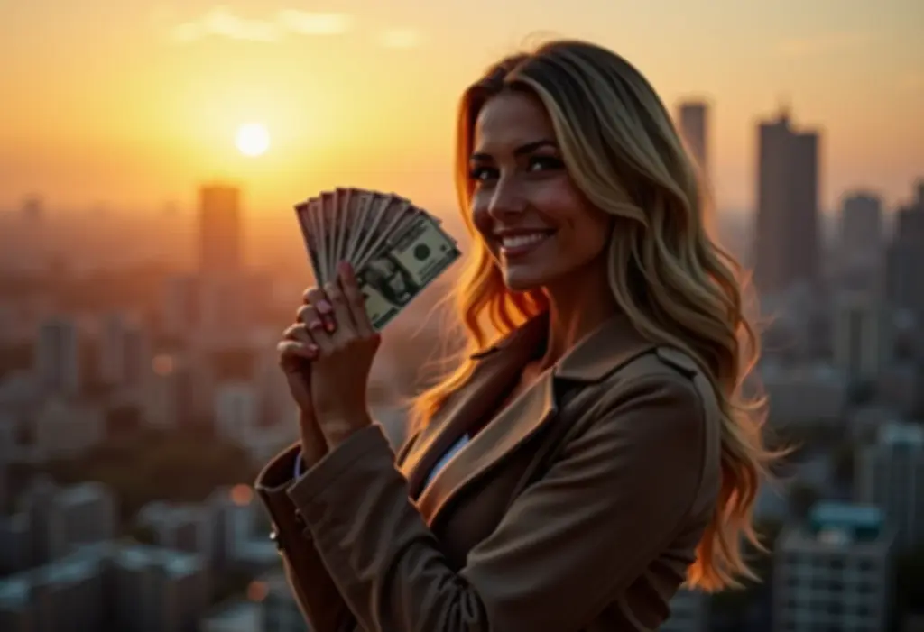 Independência Financeira: O Conceito Secreto que Ninguém Te Conta Mulher sorrindo segurando dinheiro com confiança, representando independência financeira