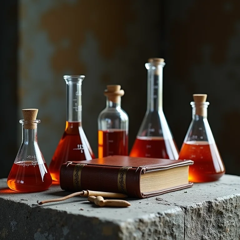 Natureza morta com ferramentas de alquimia e livro antigo