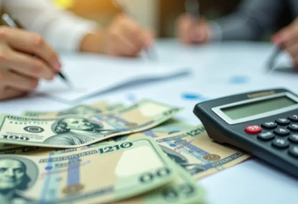 Notas de Real espalhadas com calculadora ao fundo, representando estouro do limite do MEI