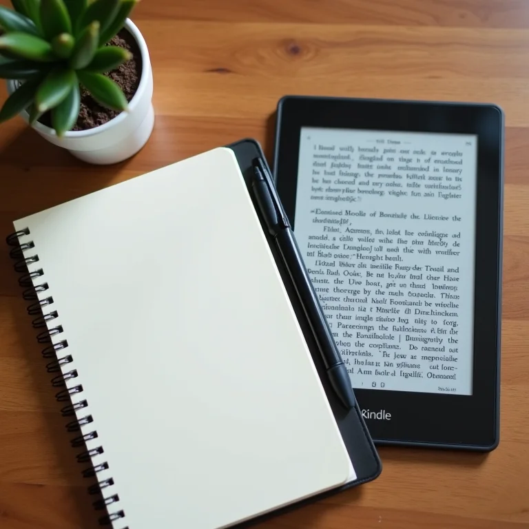 Notebook, caneta e dois e-readers em uma mesa de madeira.