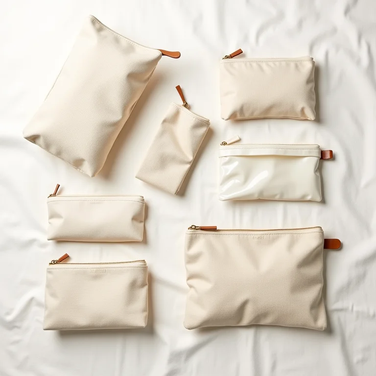 Opções de nécessaires de viagem de diferentes tamanhos e materiais.