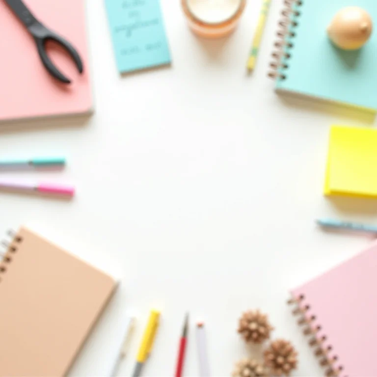 Organização de materiais de escritório em tons pastel.