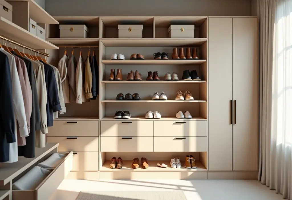 Adeus, bagunça: truques geniais para organizar seus sapatos Organização de sapatos em closet clean e moderno