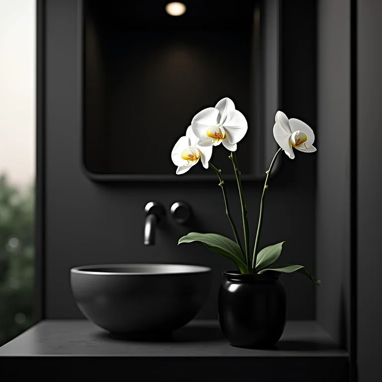 Orquídea branca em bancada preta de banheiro