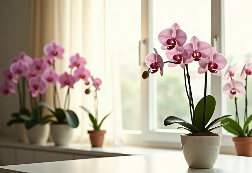 Orquídeas exuberantes decorando um apartamento iluminado