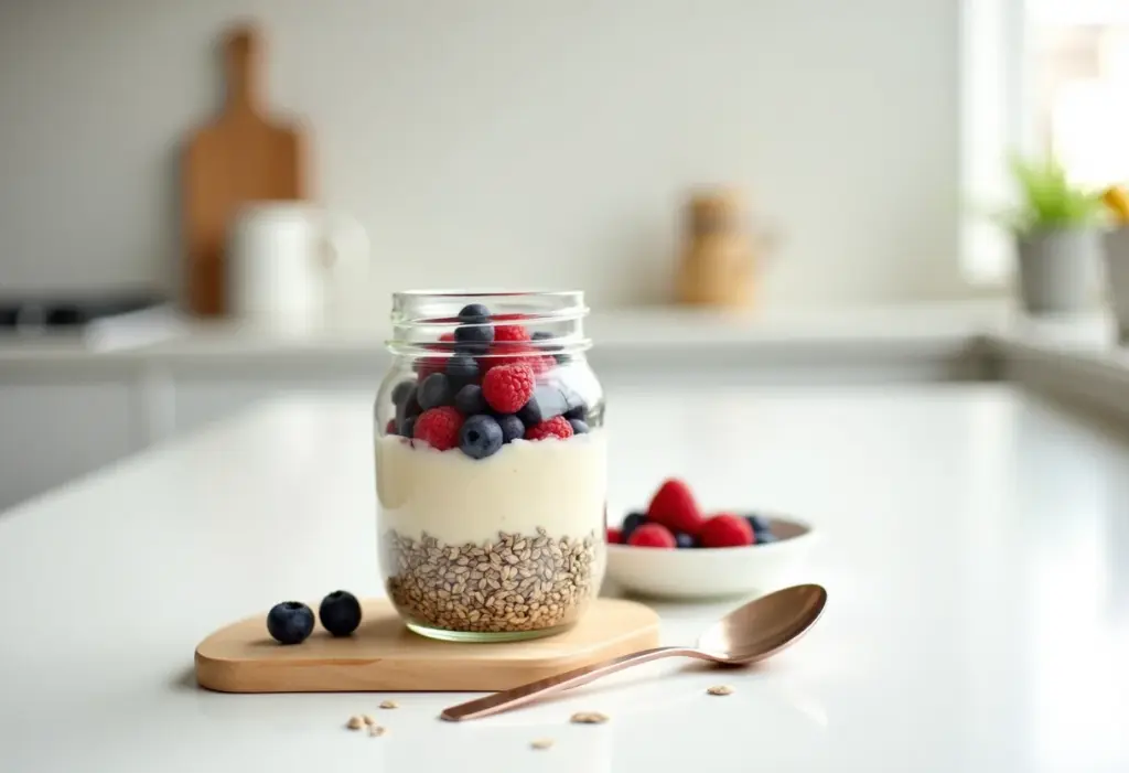 Overnight Oats com Chia: Receita fácil para um café da manhã perfeito Overnight oats com chia em pote de vidro