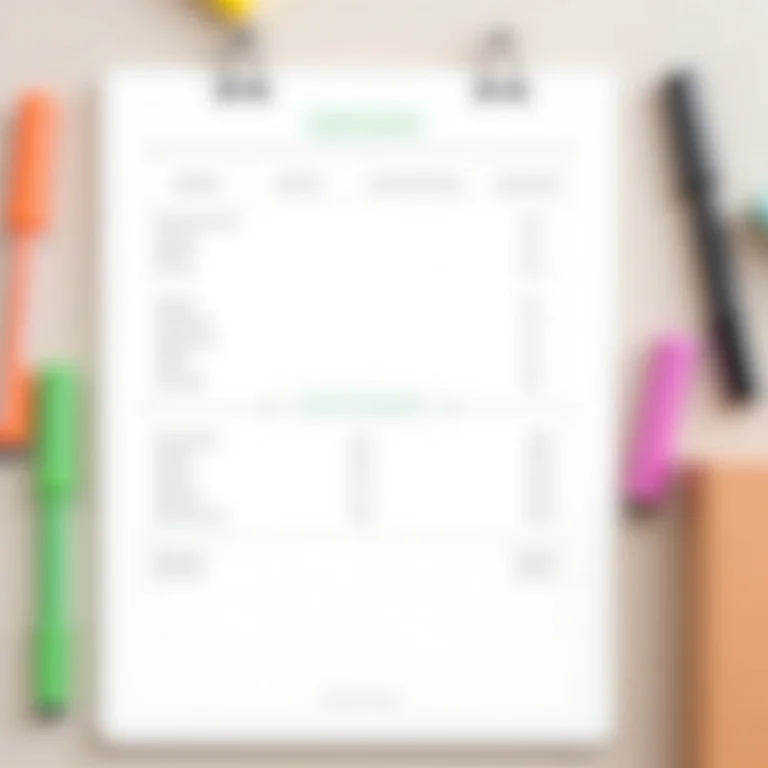 Página de caderno dividida em categorias de gastos.