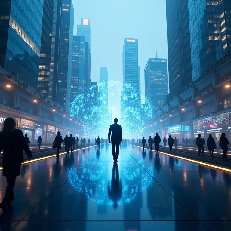 Paisagem urbana futurista com hologramas representando tecnologia