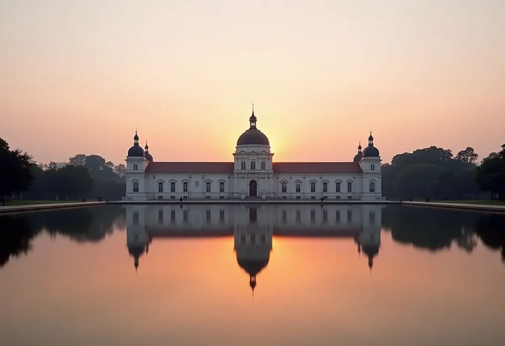 Palácio da Alvorada refletido na água, pôr do sol