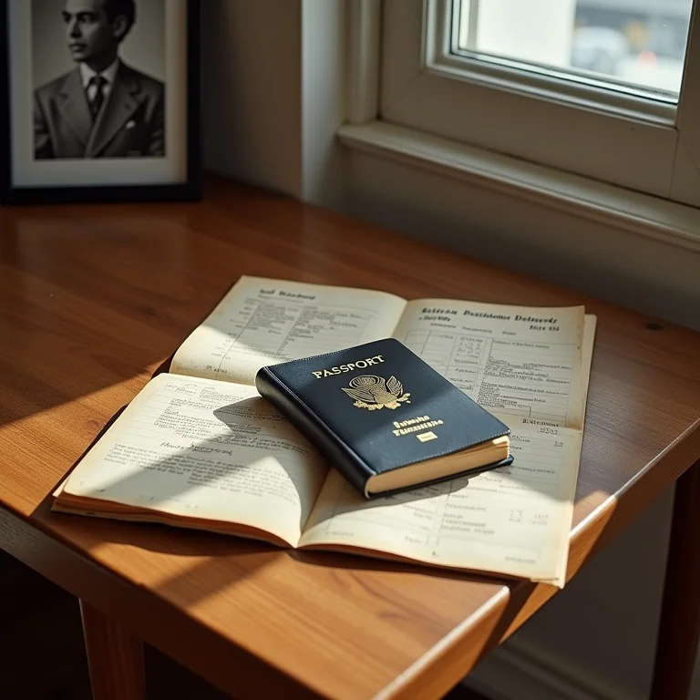 Passaporte vintage e foto de Niemeyer no exílio