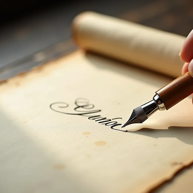 Pena de caligrafia vintage escrevendo em papel envelhecido, mostrando a textura da tinta e do papel