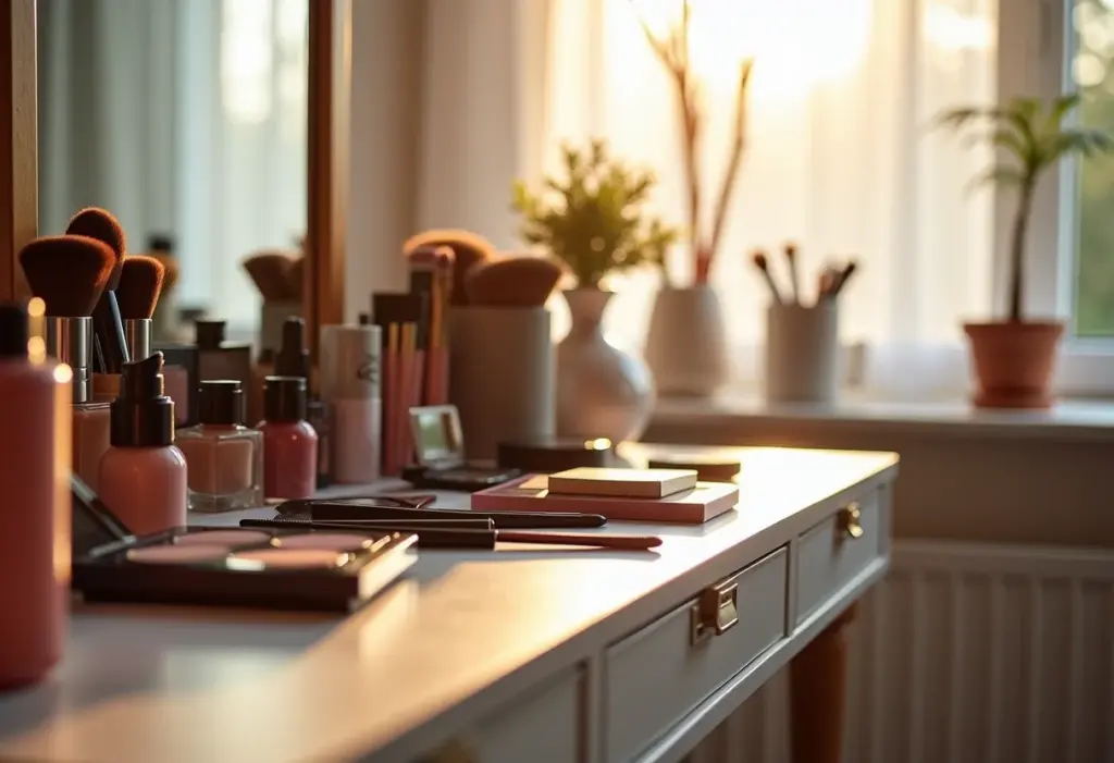 Penteadeira dos sonhos organizada com maquiagem