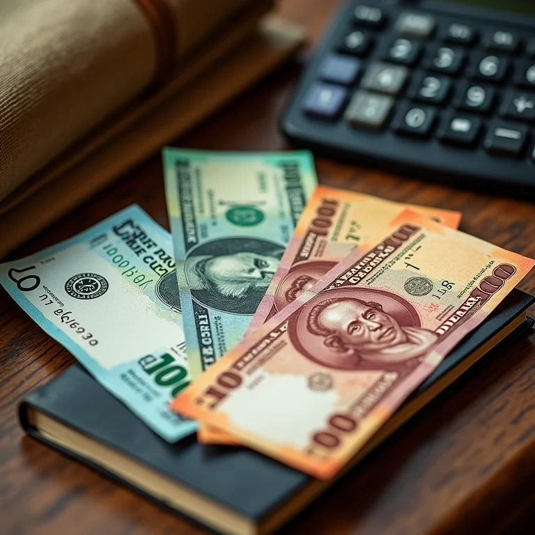 Pesos colombianos e dólares com calculadora e diário de viagem.