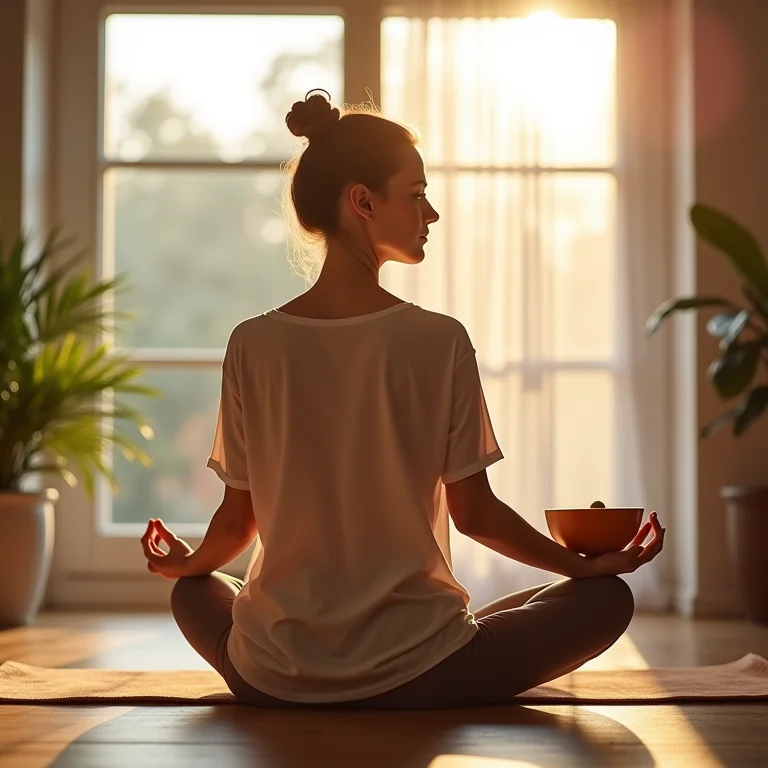 Pessoa praticando yoga e segurando uma tigela de sopa de abóbora.