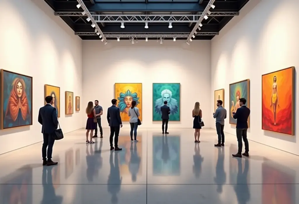 Onde ver as melhores exposições de arte imperdíveis HOJE Pessoas apreciando obras de arte vibrantes em uma galeria moderna