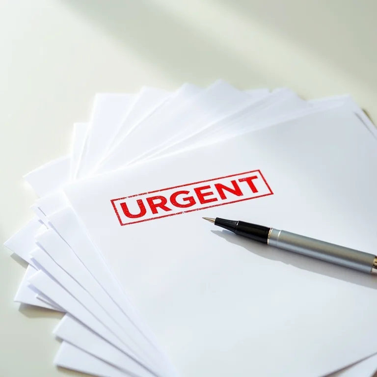 Pilha de documentos com carimbo 'URGENTE', representando a importância de regularizar o MEI