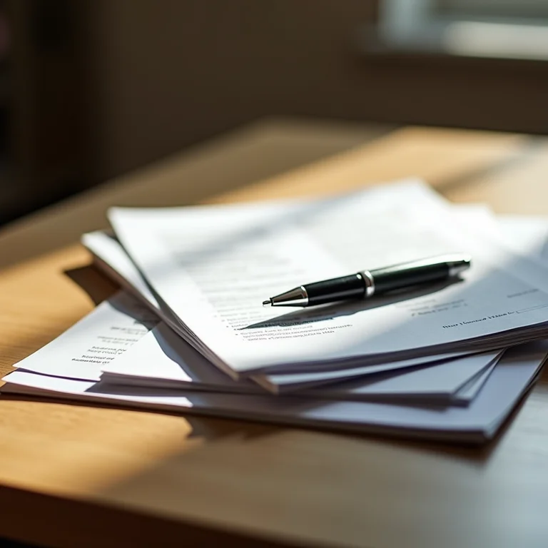 Pilha de documentos organizados com uma caneta em cima.