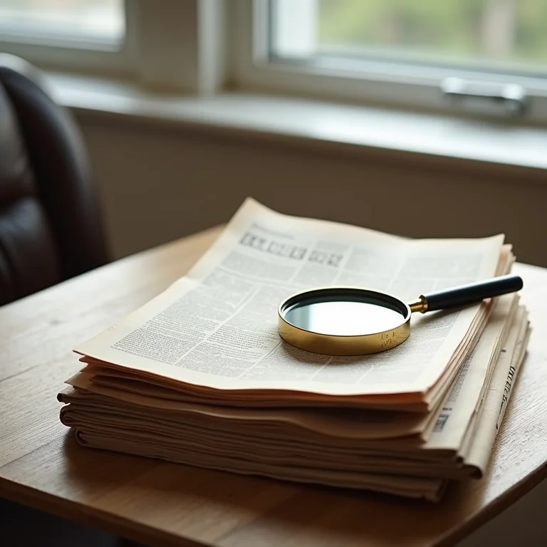 Pilha de jornais antigos com lupa