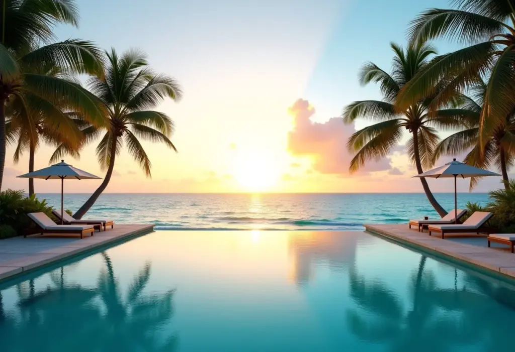 Punta Cana: Resorts e passeios imperdíveis para sua viagem Piscina infinita em resort de luxo em Punta Cana ao pôr do sol