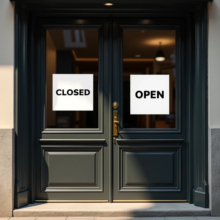 Placa de 'Fechado' em uma porta de escritório ao lado de uma placa de 'Aberto' em uma loja.