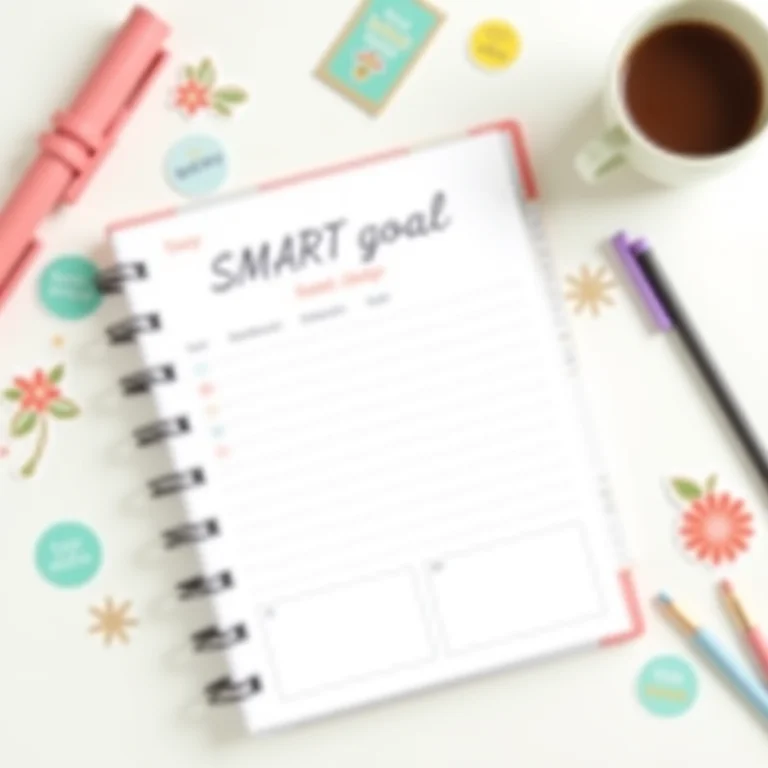 Planner com metas SMART e canetas coloridas em mesa de escritório