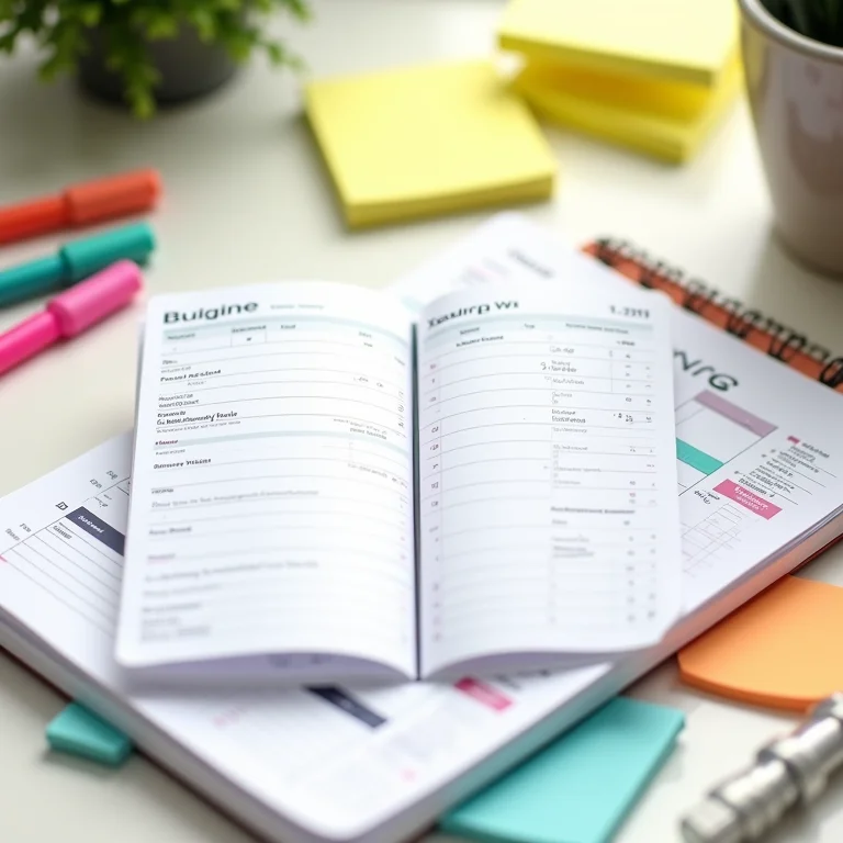 Planner de orçamento aberto com notas adesivas coloridas e marca-textos.